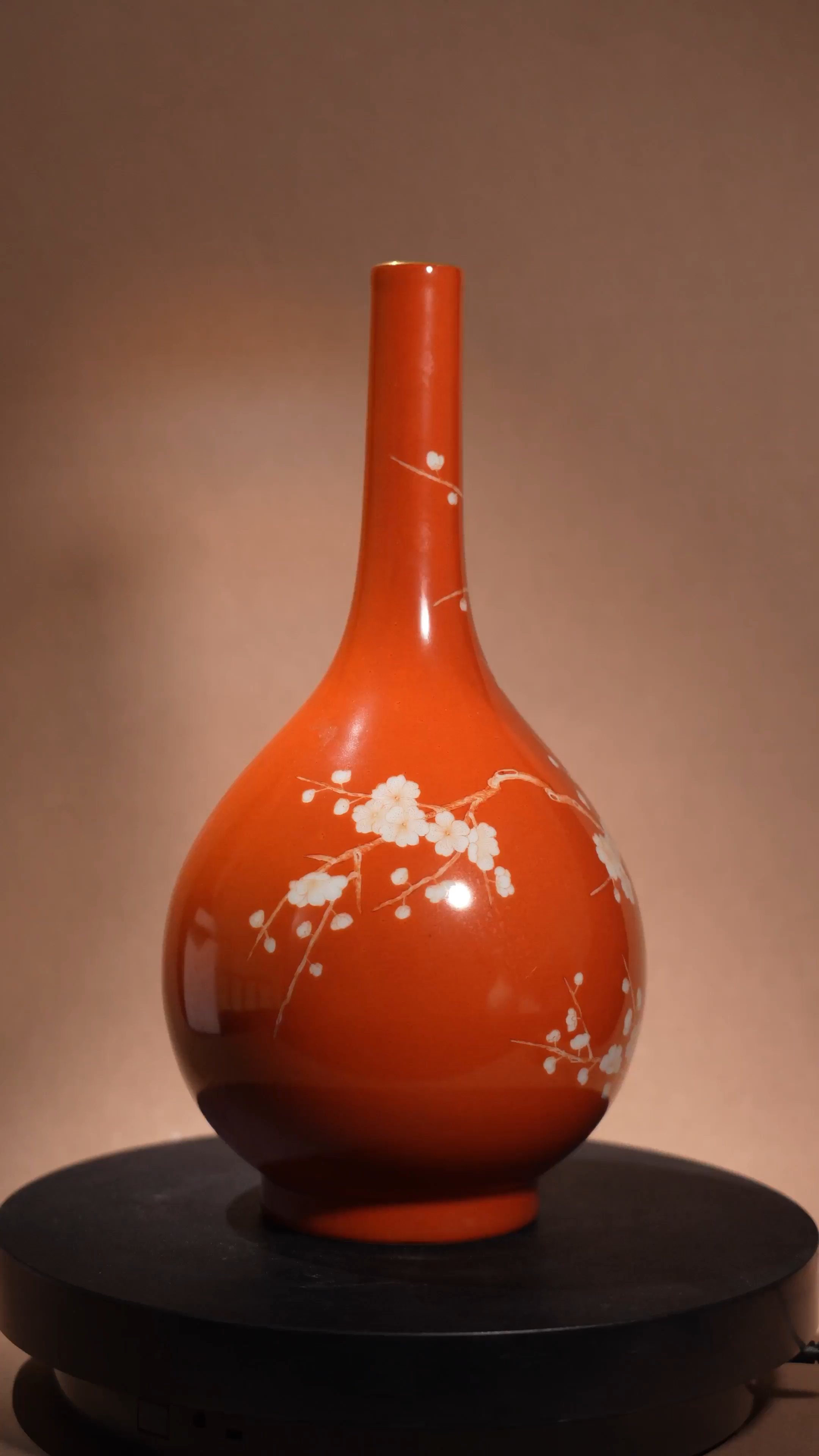 Ancient Chinese Coral-Red Ground Vase with Plum Blossom Motifs (Dan Ping Shape)