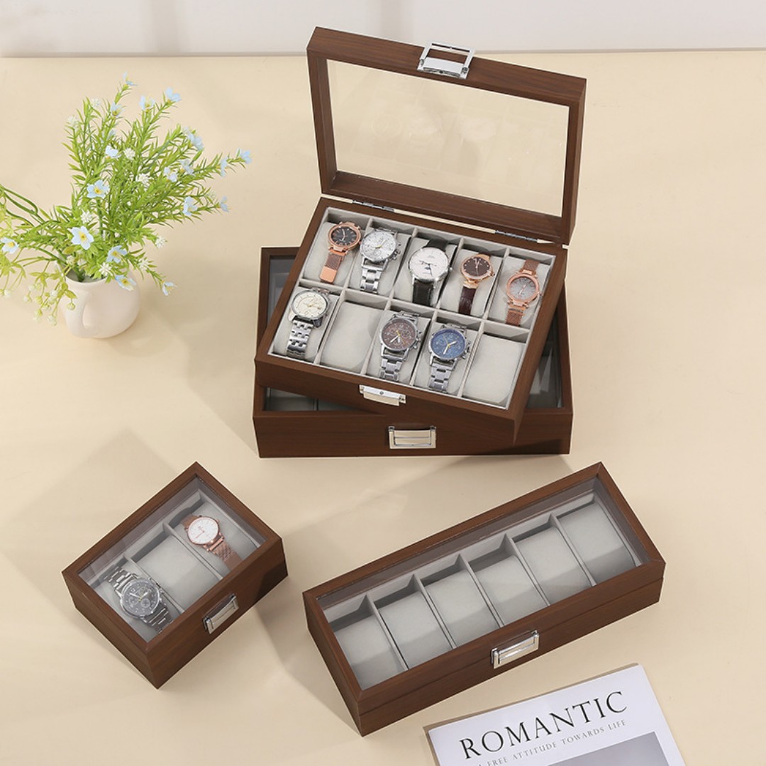Solid Espresso Wood Watch Box Organizer with Glass Display Top custom logo printing stamping