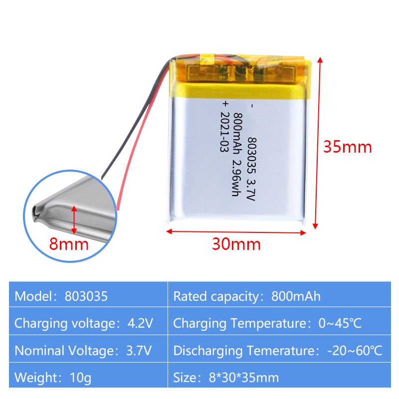 Pouch Lithium Ion Batteries 803030 803035 3.7v 700mAh 800mAh