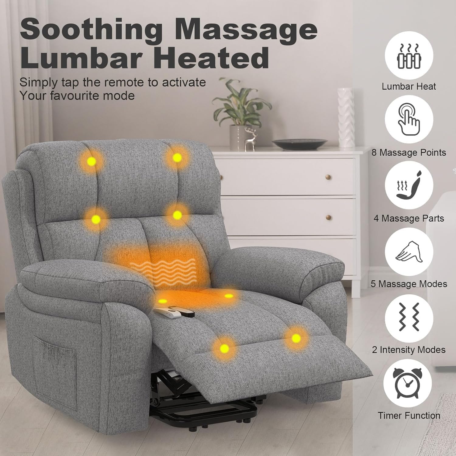 Electrically adjustable. auxiliary massage chair with massage heating function. high-end armchair. relaxation chair. 2 side pockets and drink rack. USB+ c type connector