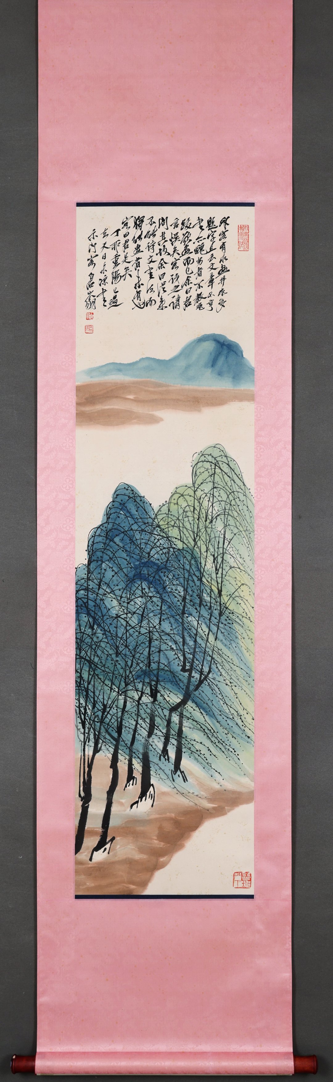 Qi Baishi Chinese Painting Willow Forest in the Wind, Vertical Scroll, Exquisitely Mounted, Painting Core Size 136×35CM