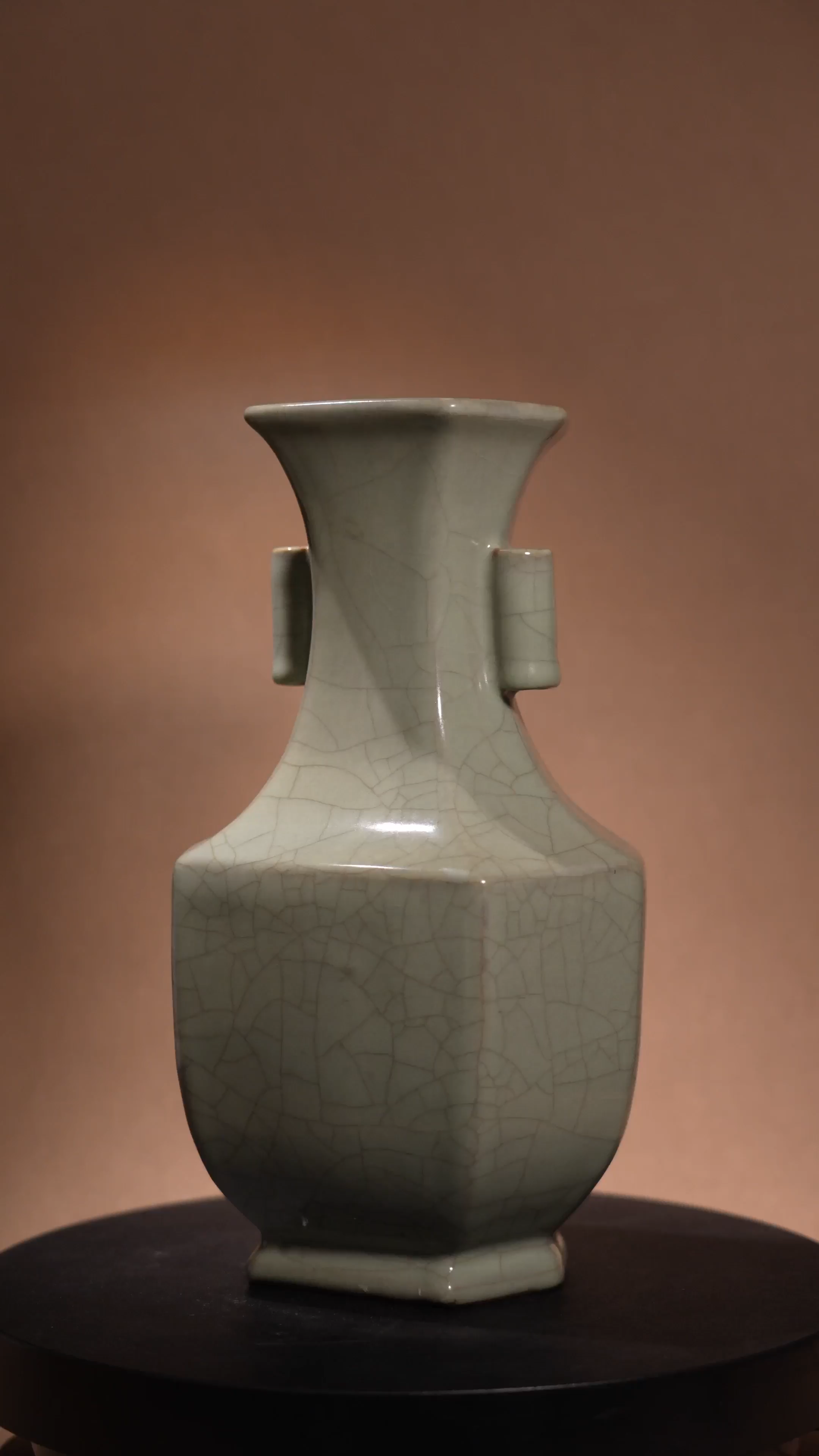 Ancient Chinese Ge Ware Hexagonal Vase with Tubular Handles