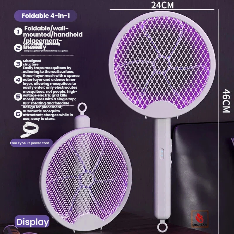 New Folding Electric Mosquito Swatter, Rechargeable Lithium Battery High-Power Electric Shock Mosquito Killer Lamp