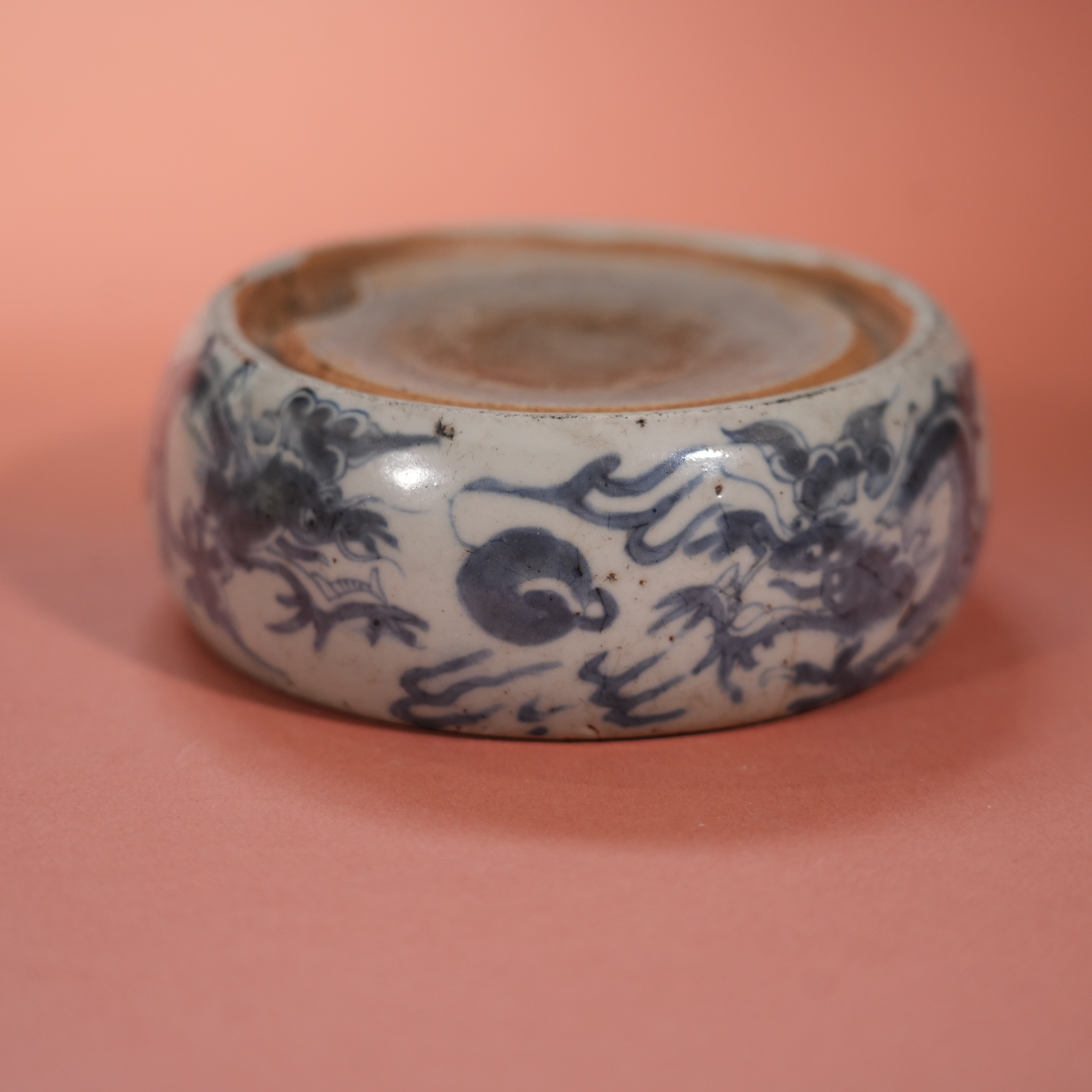 Ancient Chinese Blue and White Porcelain Inkstone with Double Dragon Play Pearl Motif