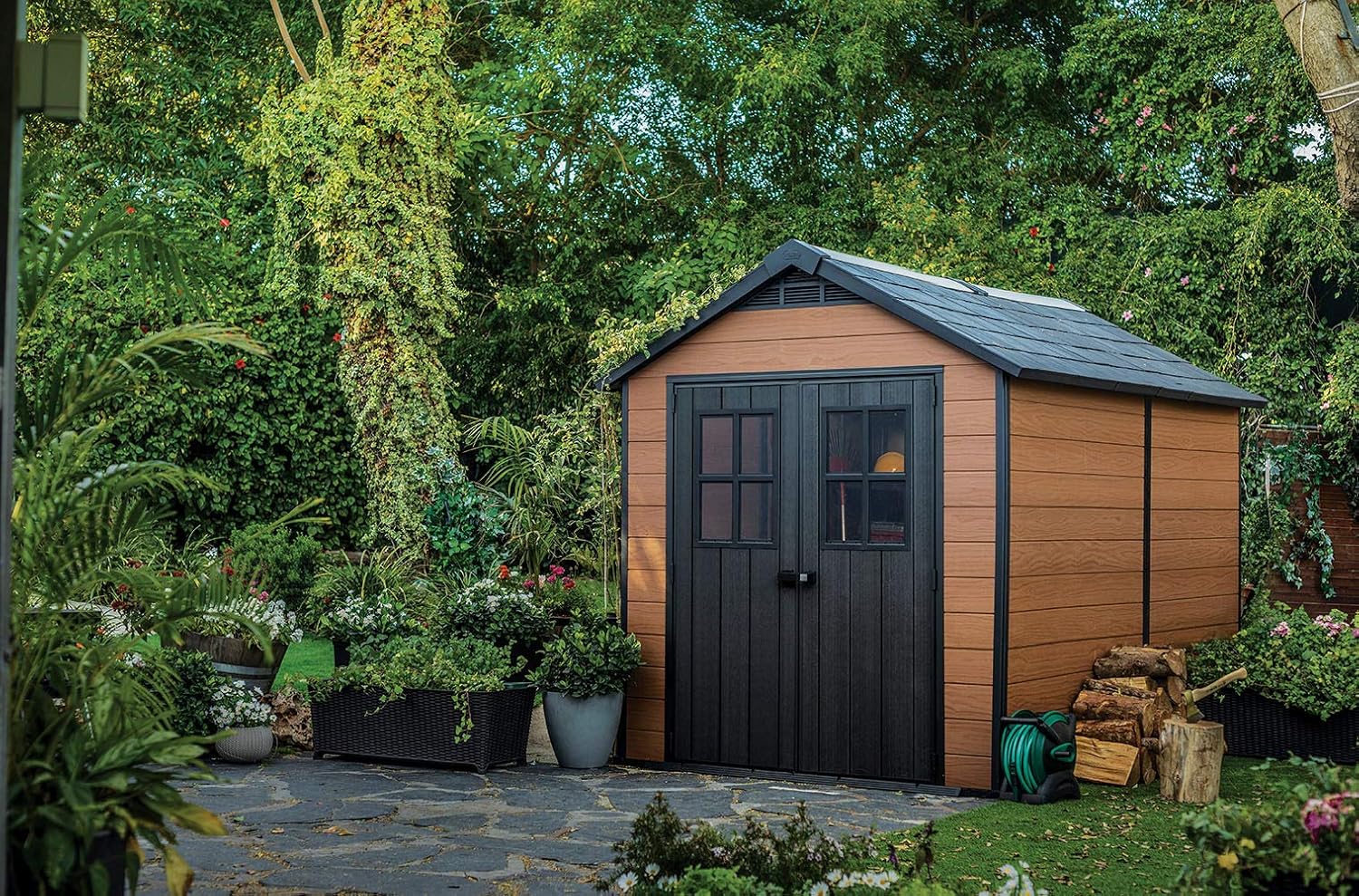 Keter Newton 7.5x11 Large Resin Outdoor Storage Shed Kit – Perfect to Store Patio Furniture. Garden Tools. Bike Accessories. and Lawn Mower. Mahogany Brown