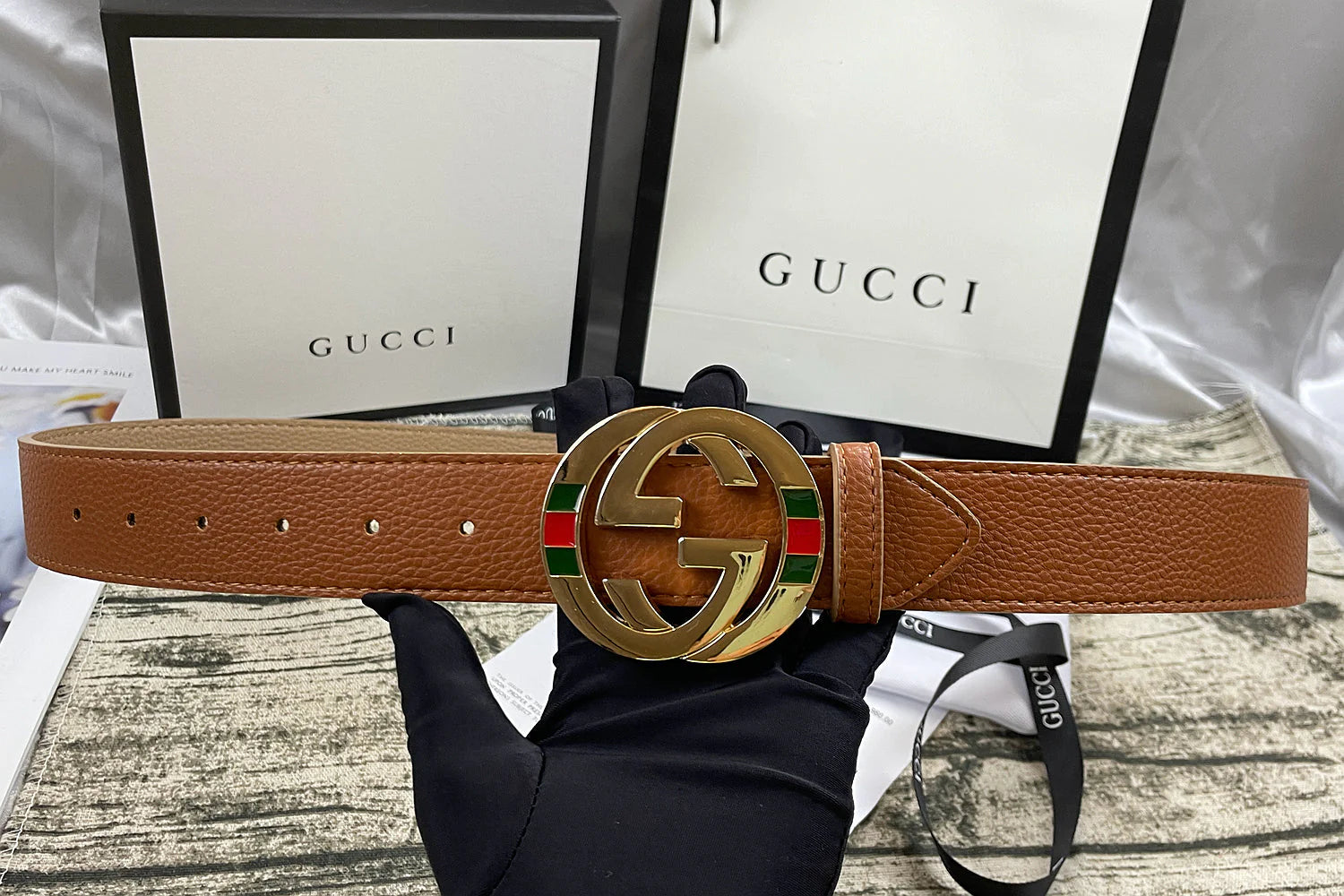 4 Colors double-G three-layer lychee pattern double-sided belt