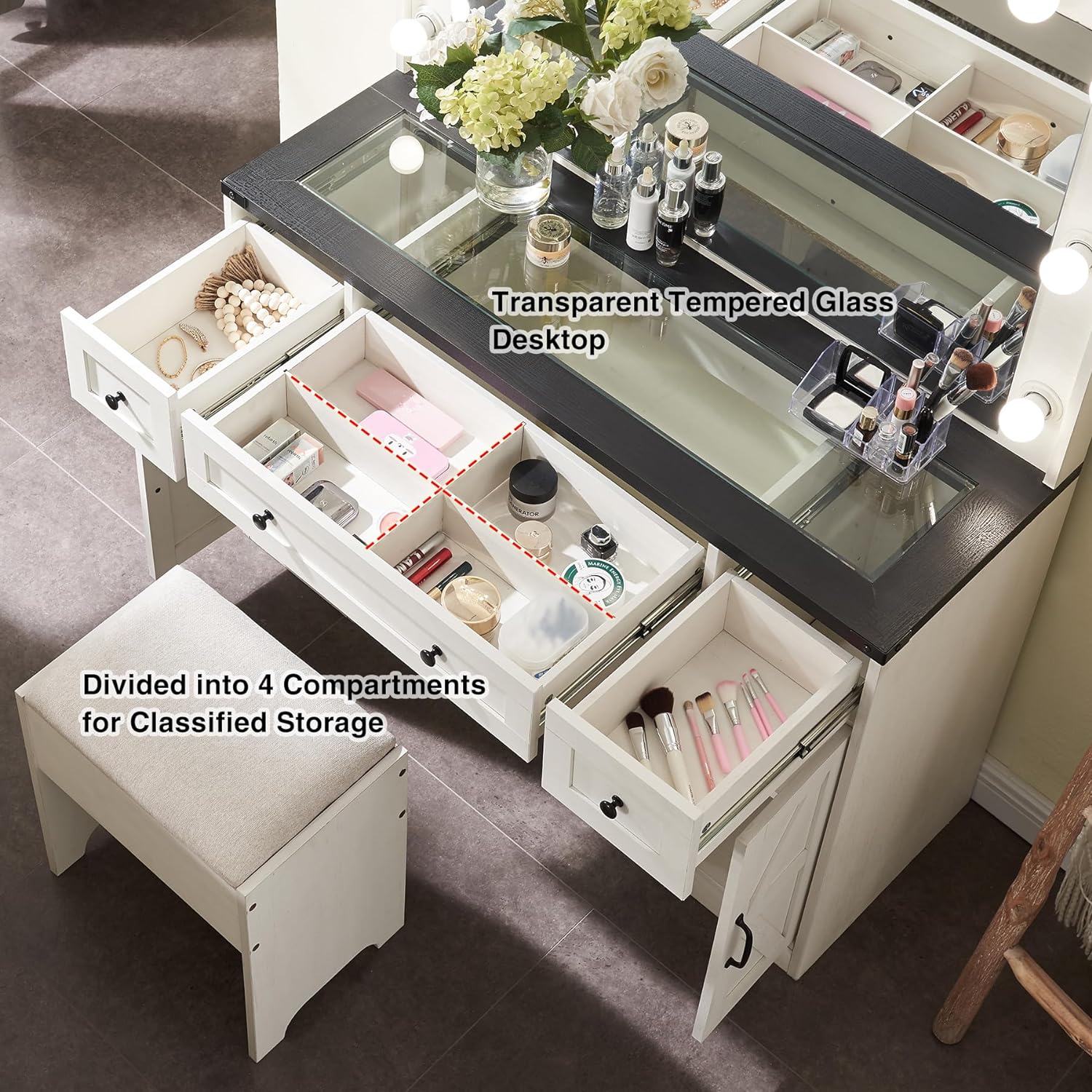 T4TREAM Farmhouse Makeup Vanity Table Set with Light Mirror. 3 Drawers Makeup Vanity with Storage and Adjustable Lighting Colors for Bedroom .White