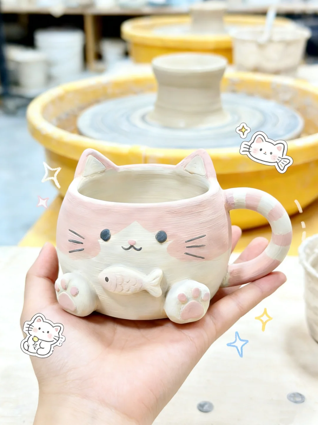 Hand-Painted Pink Cat & Fish Ceramic Mug, Cute 3D Embossed Coffee Cup