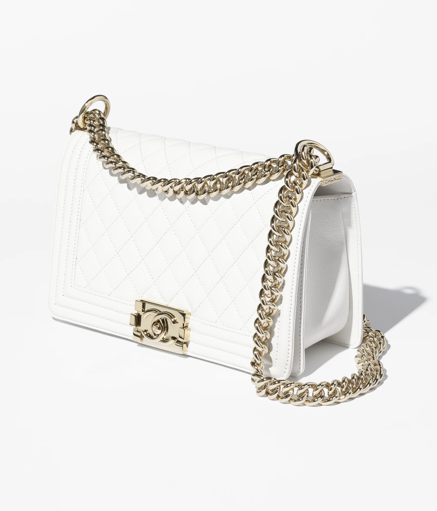 BOY CHANEL Handbag Grained Calfskin & Gold-Tone Metal White