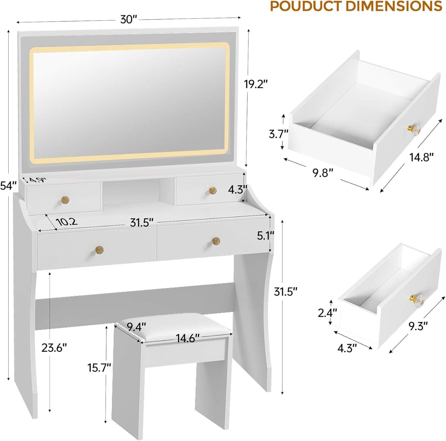 COMHOMA Makeup Vanity Desk with Mirror and Lights. Vanity Table and Chair Set with 5 Drawers and Charging Station. Bedroom Dresser LED Mirror Stepless Dimmable & 3 Color Modes Adjustable. White