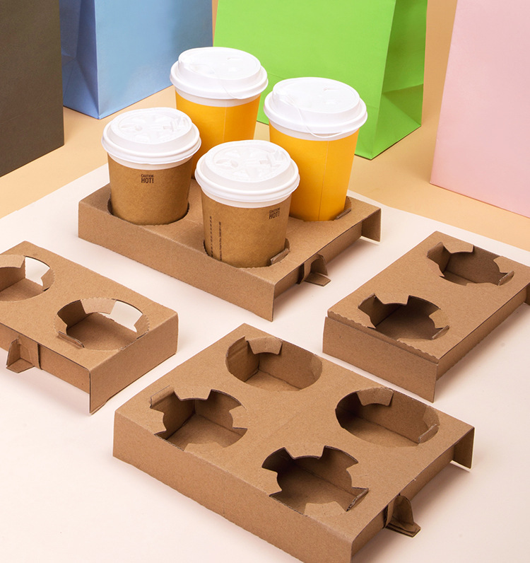 Disposable Corrugated Paper Cup Holder, Degradable Kraft Paper Cup Base, Single/Double/Four Cups Carrier Tray, Eco-Friendly Coffee Milk Tea Cup Support Rack, Factory Wholesale