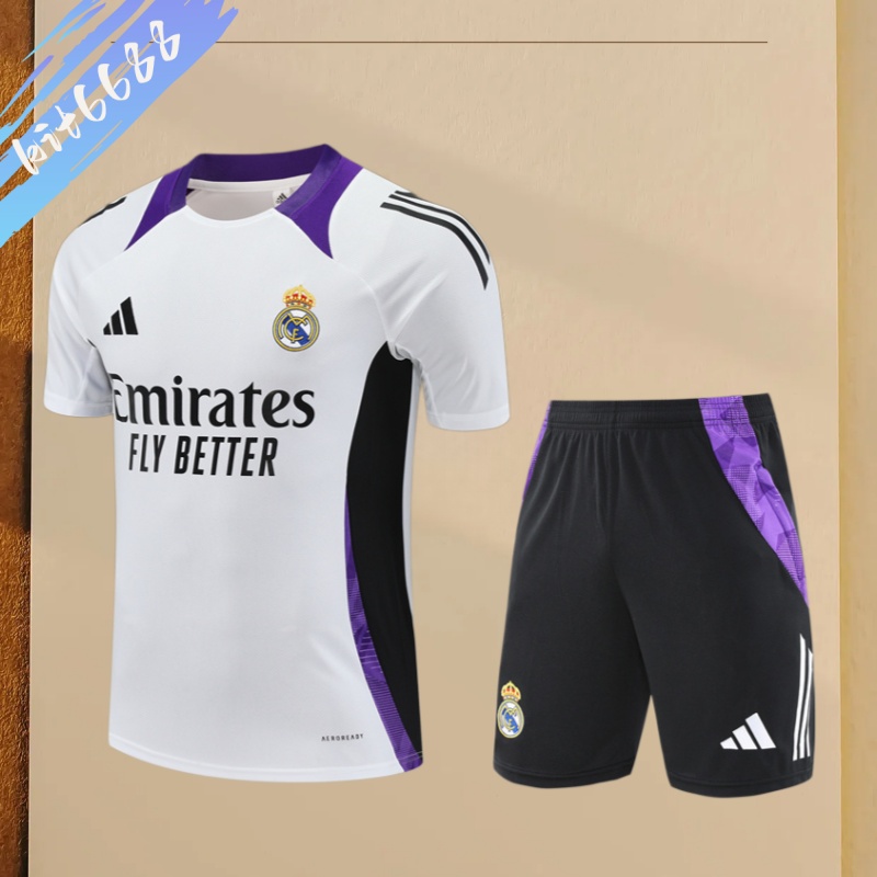 24/25 Real Madrid White paired with purple Short Sleeve Training Wear ( Adult kit Kids )