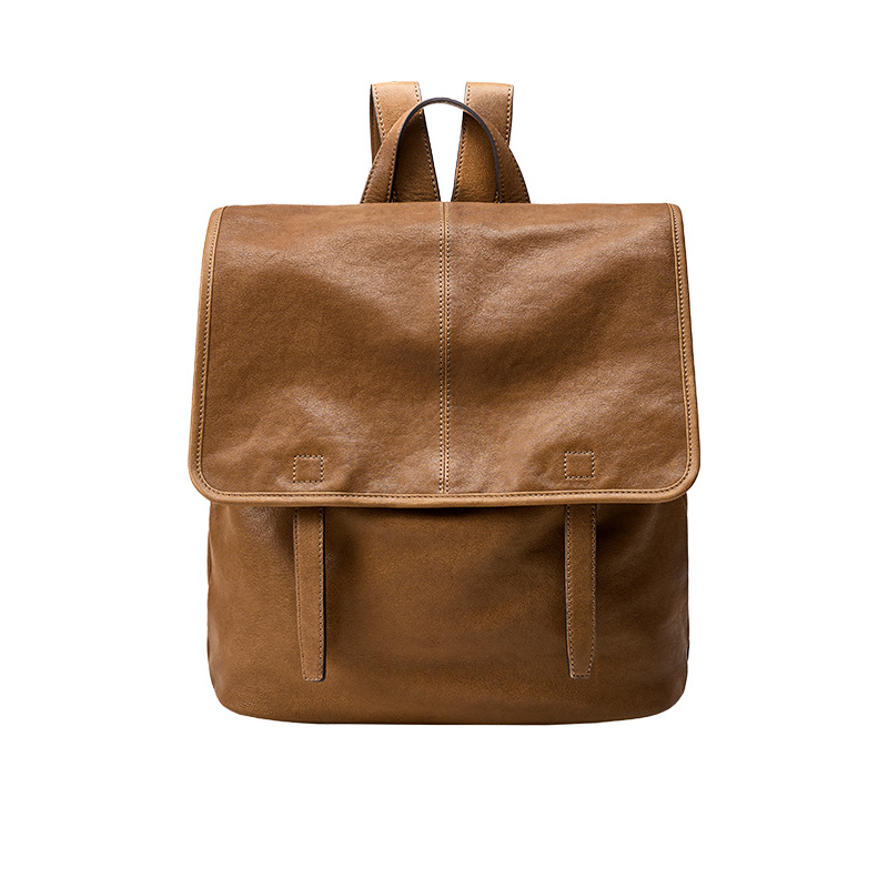 Minimalist Fold-Over Leather Backpack – Convertible Laptop Bag in Camel Brown