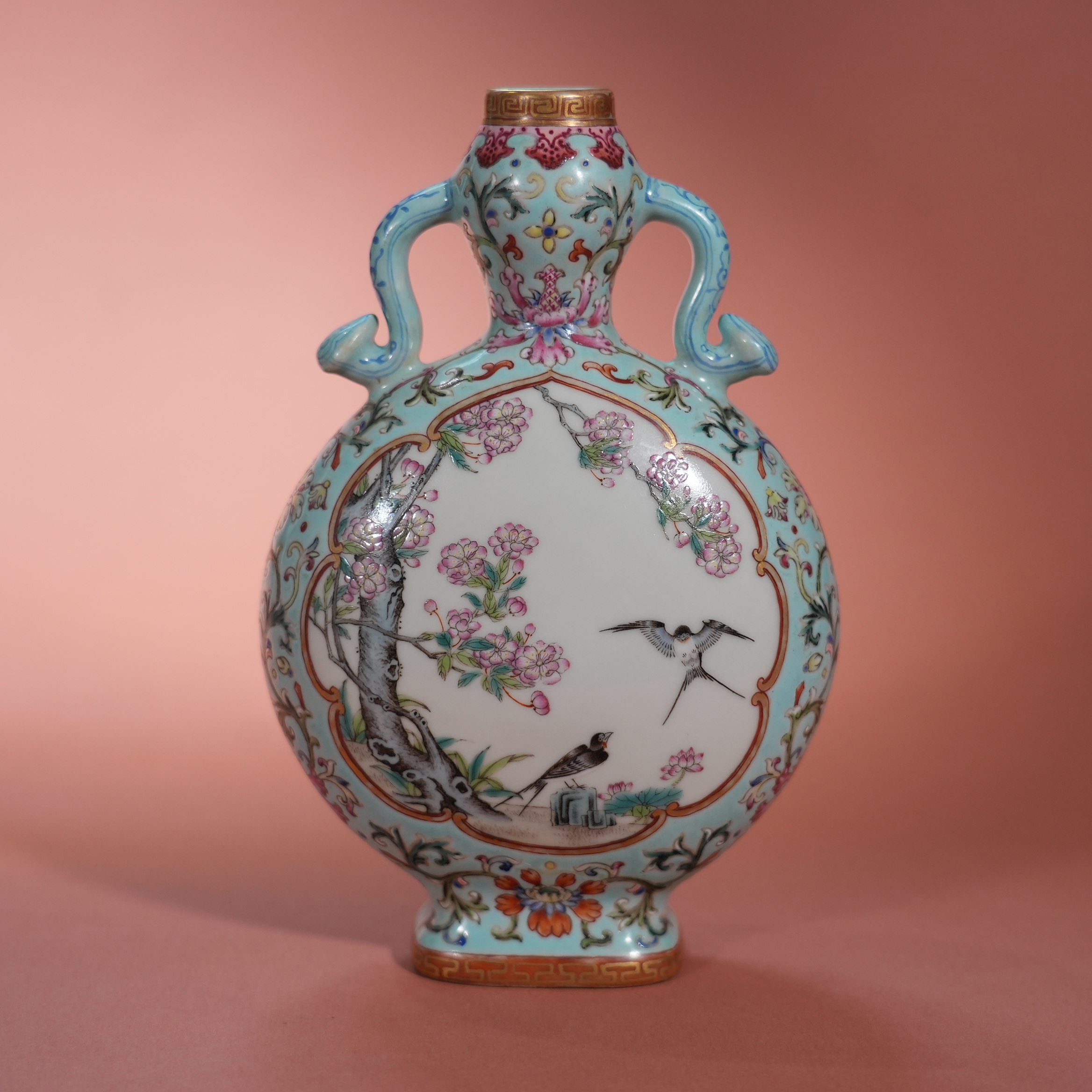 Ancient Chinese Famille Rose Moon Flask with Ruyi Handles and Bird-and-Flower Motifs