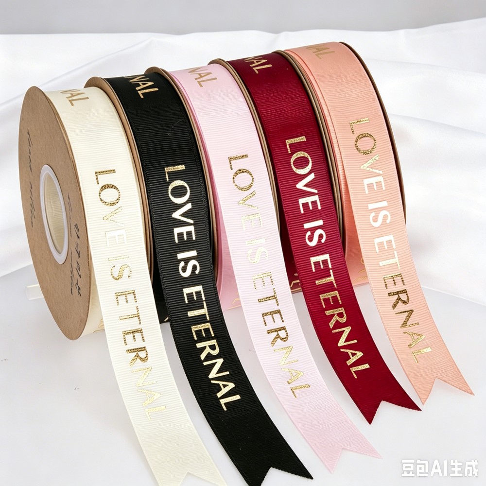 2.5Cm Gold Stamping Thread Ribbon, English Letter Floral Packaging Ribbon, Twisted Texture Silk Ribbon, Fresh Flower Bouquet Cake Gift Binding Ribbon, Factory Wholesale