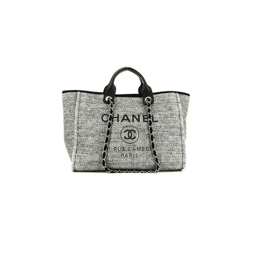 CHANEL Woven Straw Raffia Striped Medium Deauville Tote