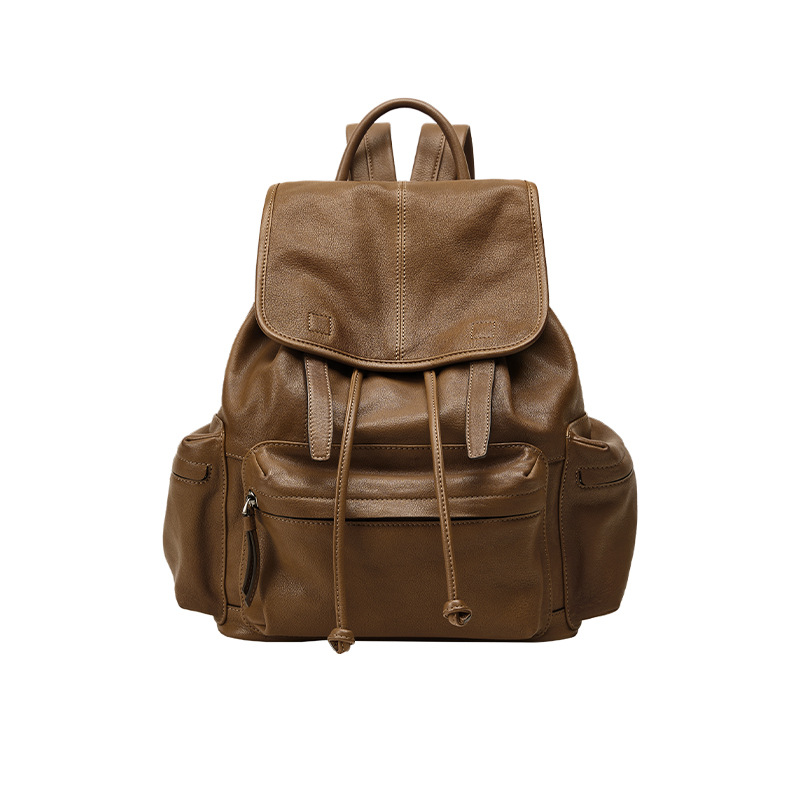 Vintage Drawstring Leather Backpack – Multi-Pocket Daypack in Camel Brown