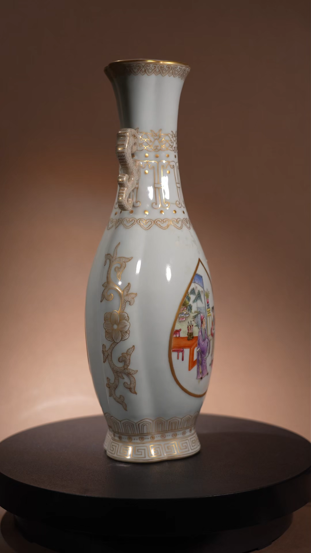 Ancient Chinese Famille Rose Gilt-Decorated Vase with Figural Scenes and Double Handles