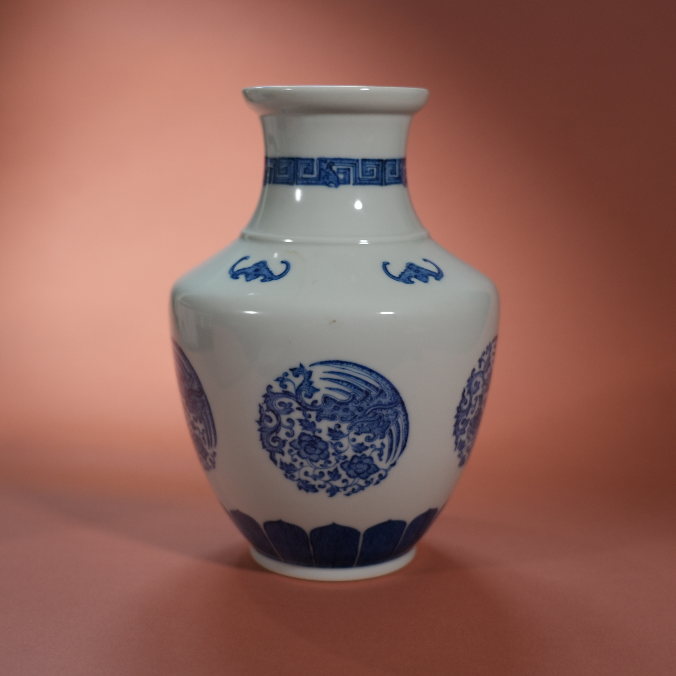 Ancient Chinese Blue and White Vase with Round Phoenix Medallions