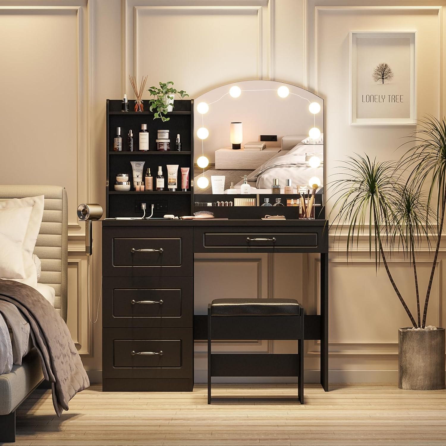 Makeup Vanity Table with Lighted Mirror & Power Strip. Vanity Set with Hair Dryer Rack. Lots Storage. 3 Lighting Modes. Brightness Adjustable. Black