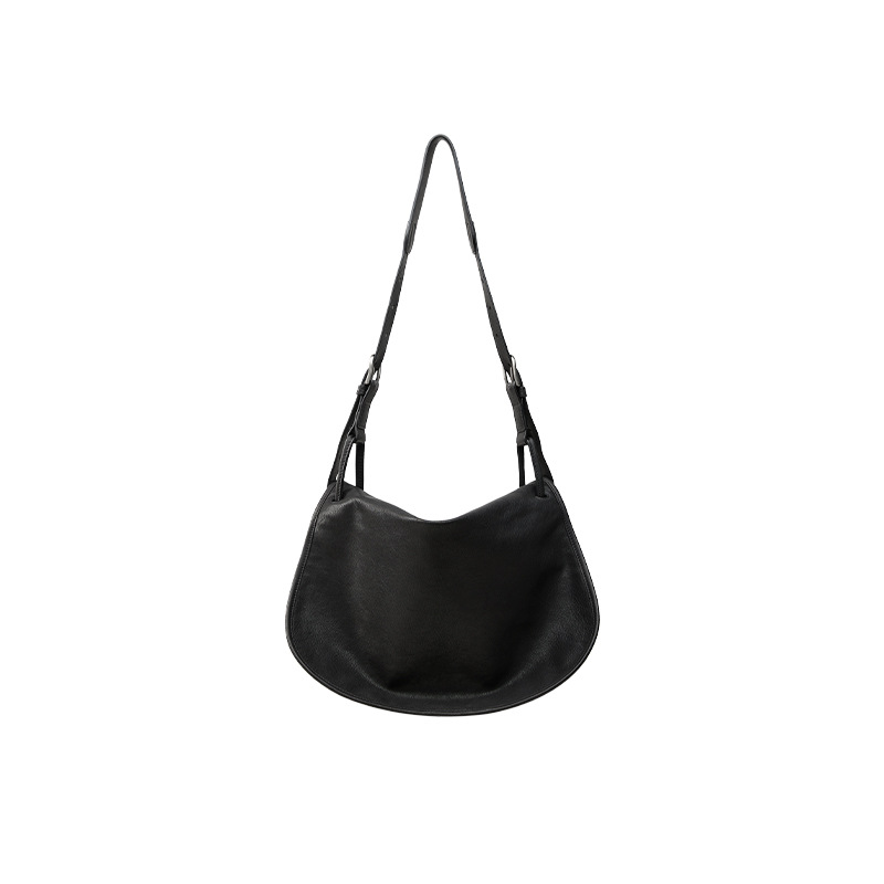 Curved Leather Hobo Bag – Adjustable Shoulder Purse in Black