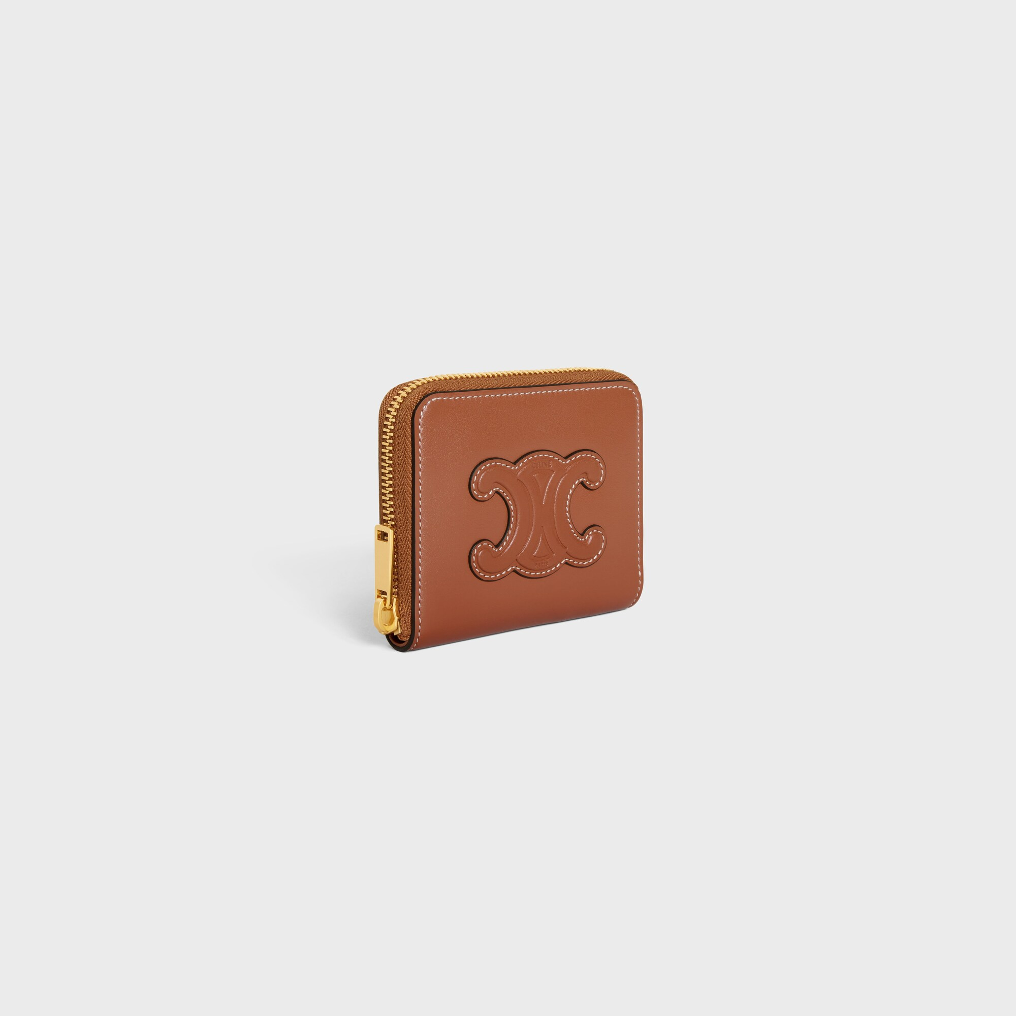 COMPACT ZIPPED WALLET CUIR TRIOMPHE IN SMOOTH CALFSKIN TAN