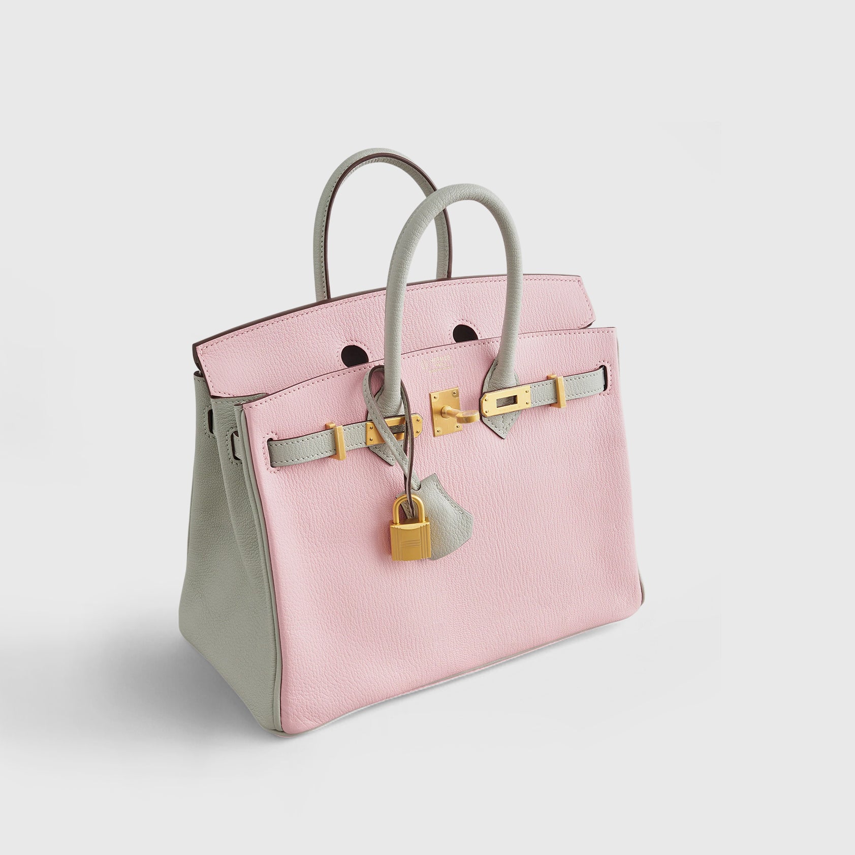Hermès Birkin 25 Chevre Rose Sakura / Gris Perle Brushed Gold Hardware HSS