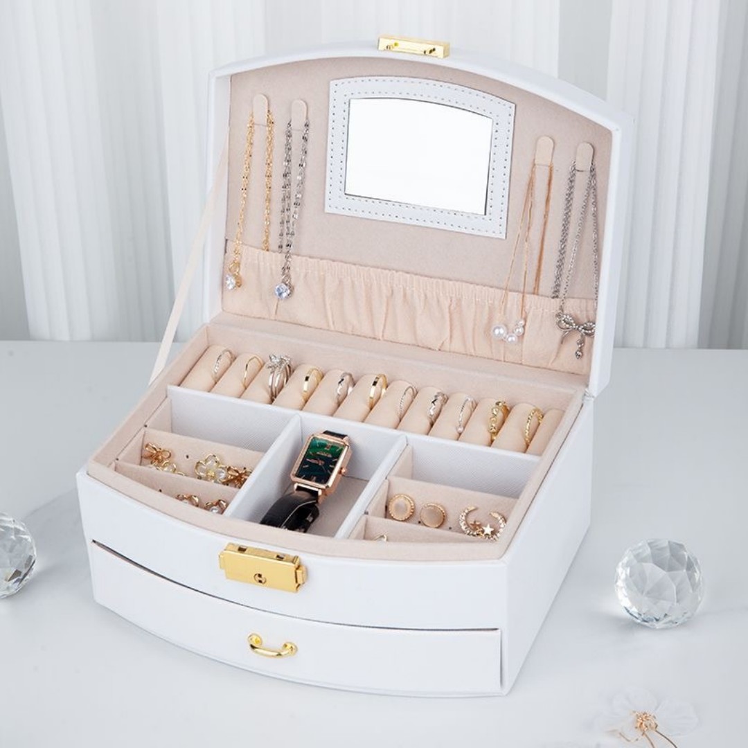Jewelry Box for Women Girls, 2 Layers Jewelry Organizer Container with Lock, PU Leather Storage Case with Removable Tray, Jewelry Display Box for Necklaces Earrings Bracelets Rings Watches custom logo