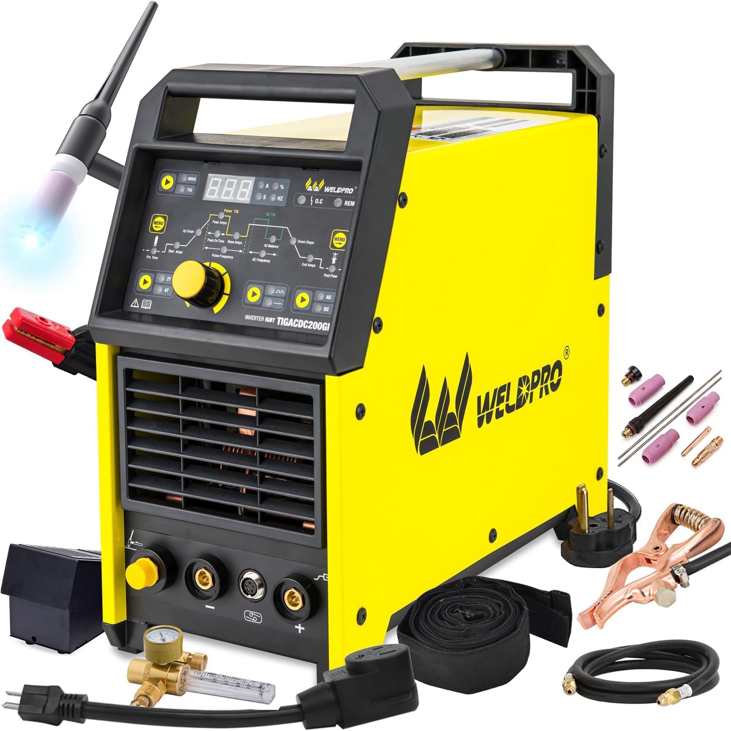 Weldpro TIG Welder AC/DC 200A with Pulse. Aluminum TIG Welder 110V/220V with TIG Torch AC TIG/DC TIG/AC PULSE TIG/DC PULSE TIG/Stick 5 in 1 MultiProcess Welding Machine with Foot Pedal