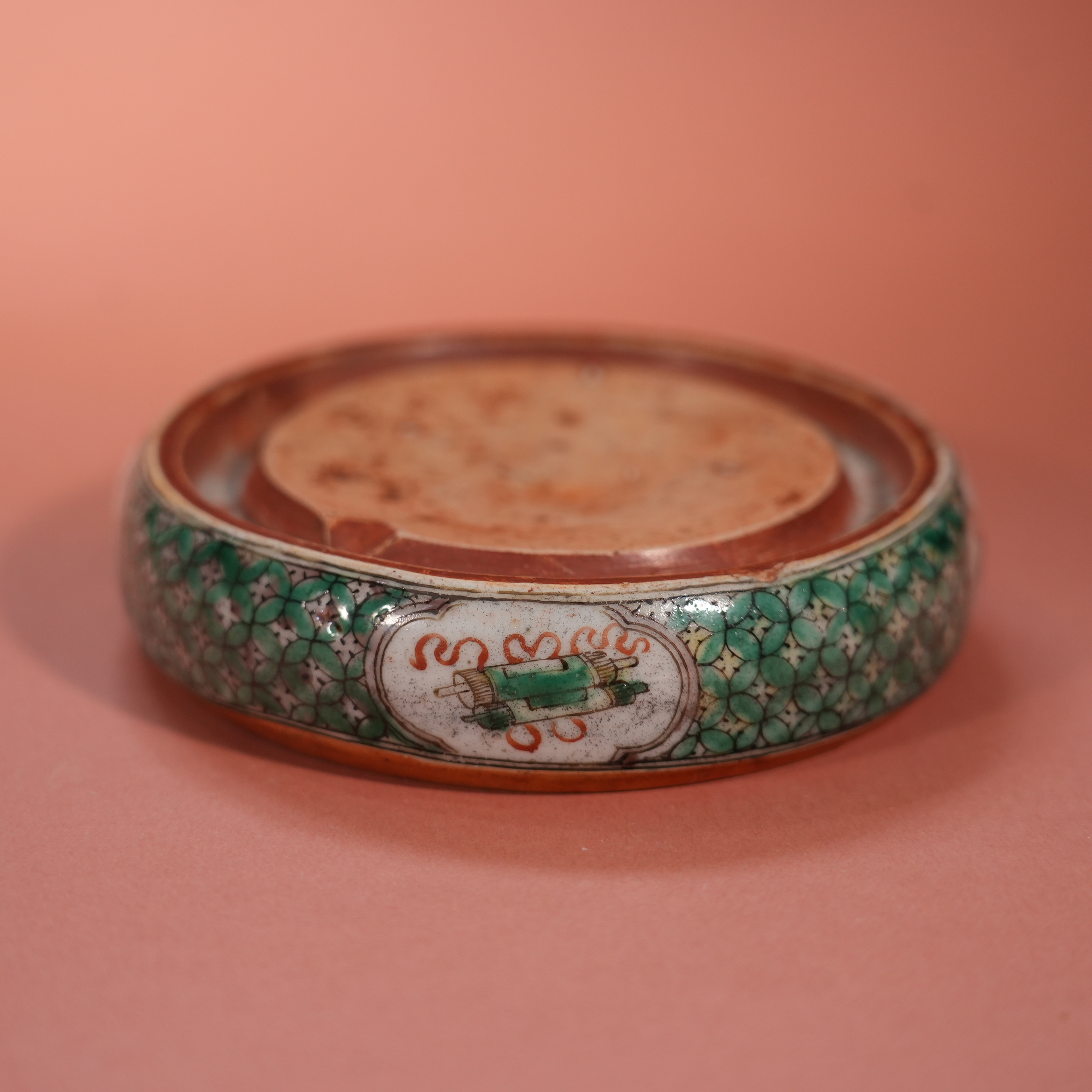 Ancient Chinese Wucai Porcelain Inkstone with Treasures Motifs