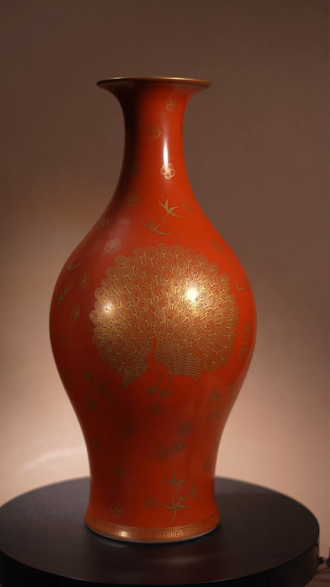 Ancient Chinese Coral-Red Ground Gilt-Decorated Olive Vase with Peacock Motifs