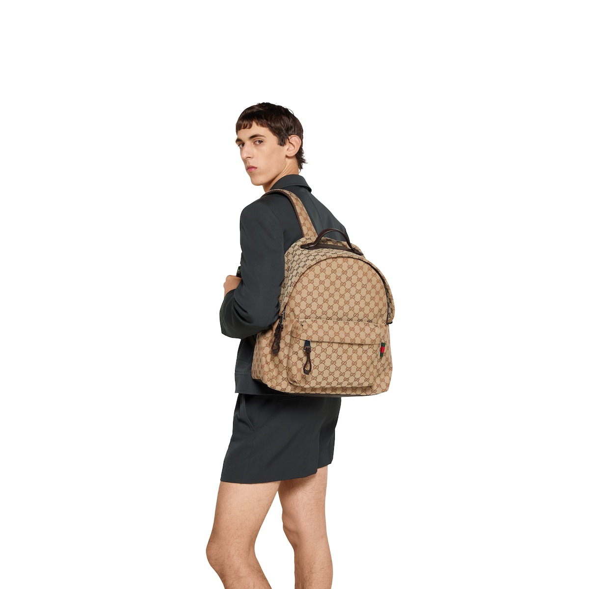 GG canvas medium backpack Brown leather trim