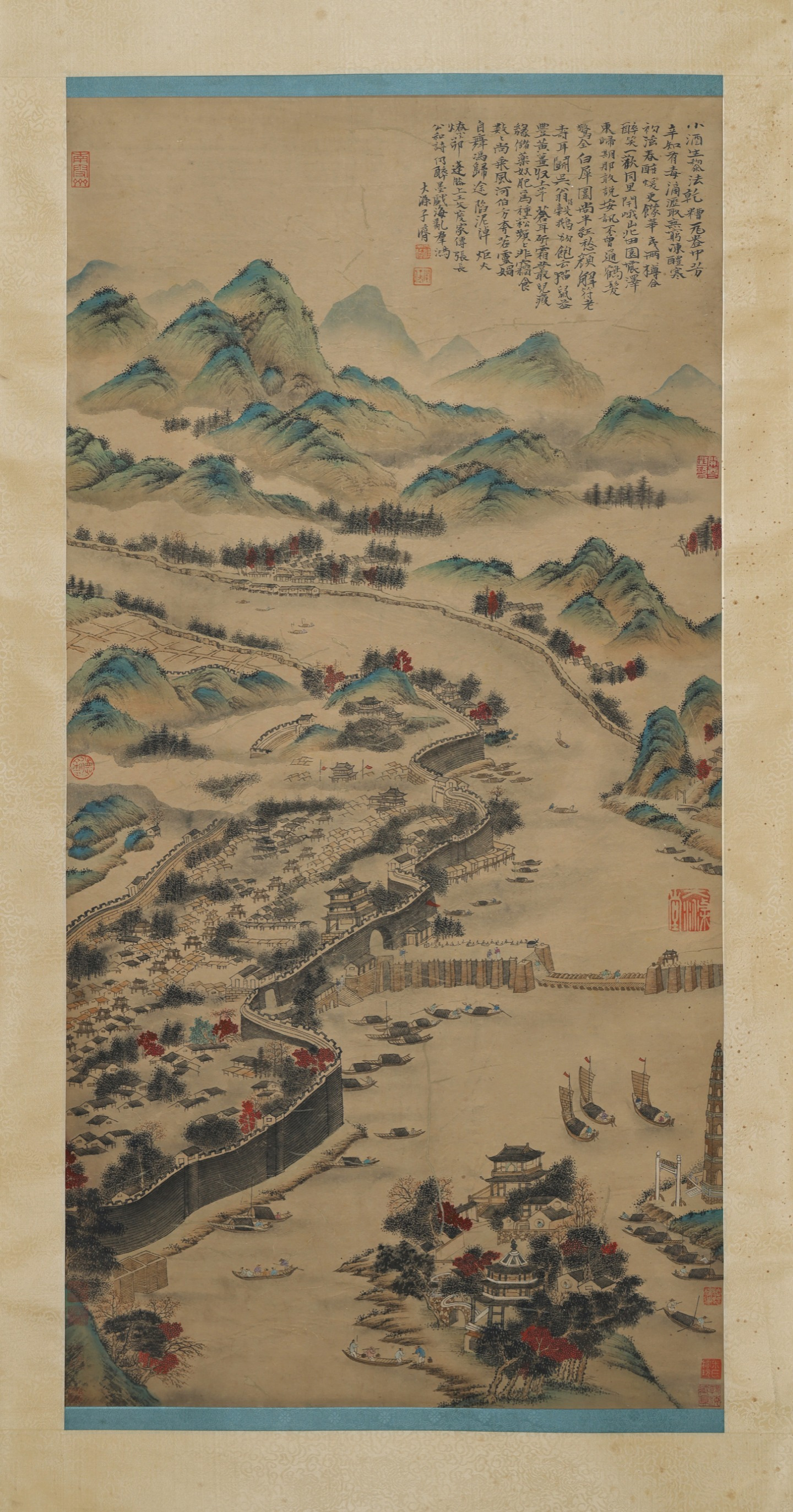 Ancient Chinese Painting Fishing Boat on the Spring River by Shi Tao, Vertical Scroll, Exquisitely Mounted, Image Size 135×66CM