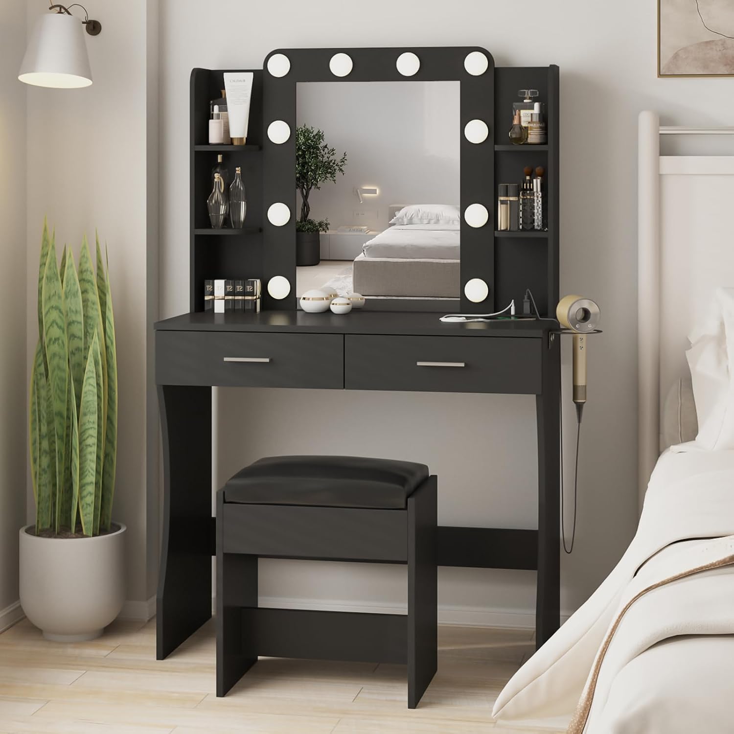 Vabches Vanity Desk with Mirror and Lights.Makeup Vanity Table with Charging Station.2 Drawer Bedroom Dressing Table with 3 Colors Modes Dimming & Cushioned Stool.Light Rustic Oak