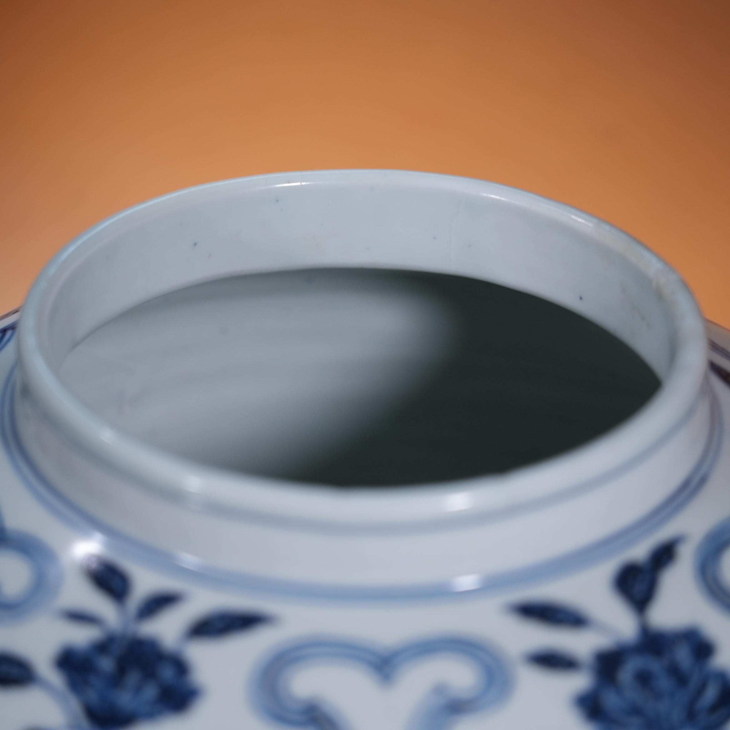 Ancient Chinese Blue and White Covered Jar with Branching Fruit and Flower Motifs