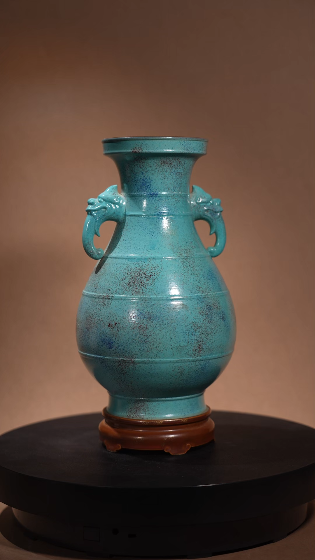 Ancient Chinese Lujun Glazed Vase with Beast-Head Handles