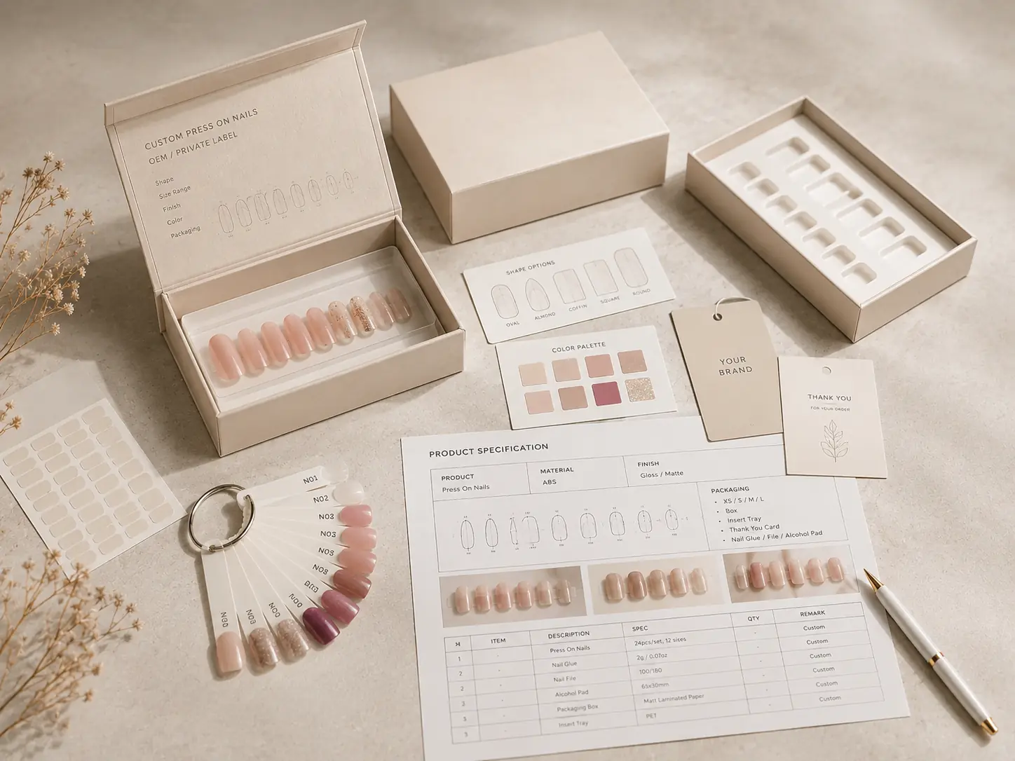 Press on nail brand planning with samples, packaging, and product specifications