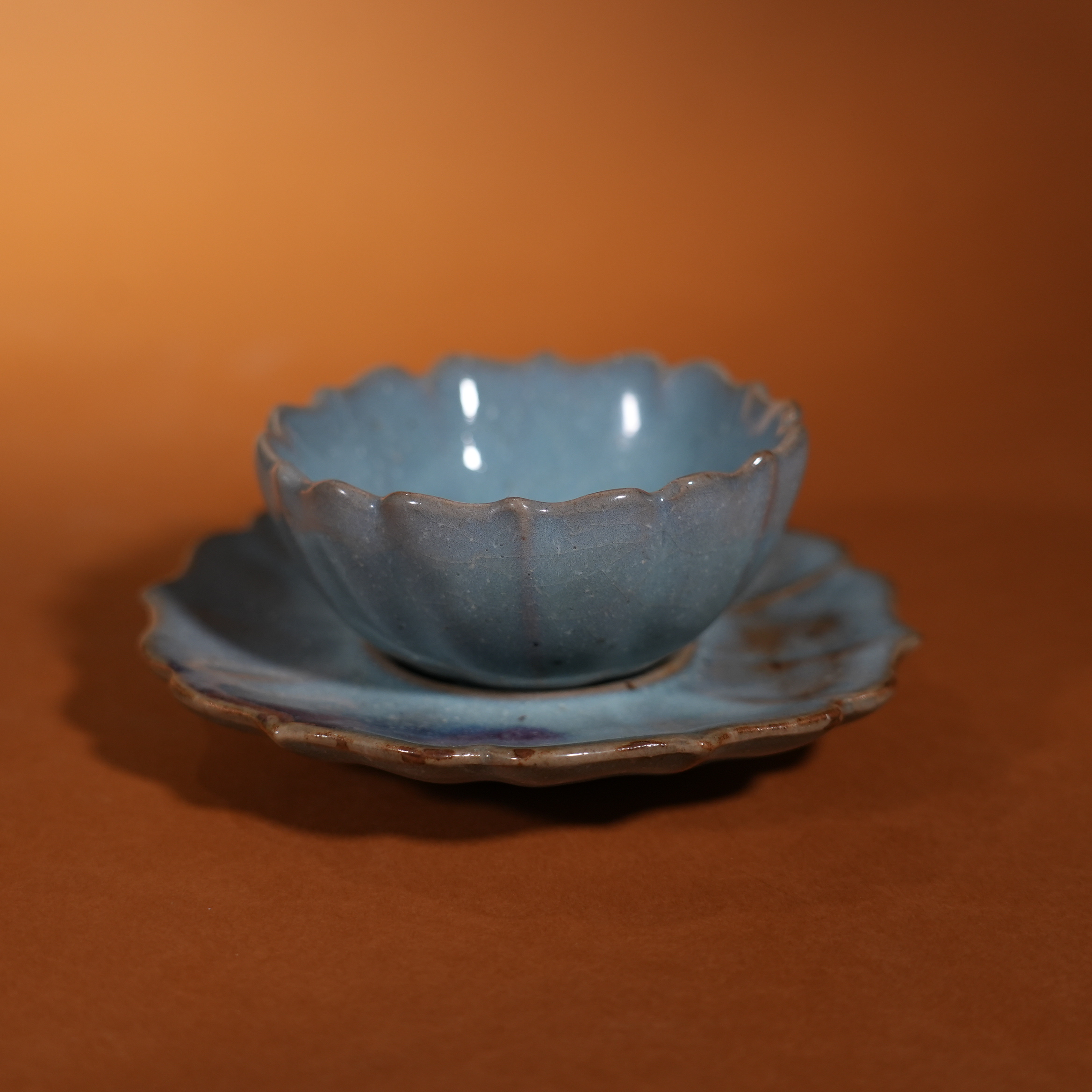 Ancient Chinese Jun Kiln Floral-rim Cup and Saucer Set