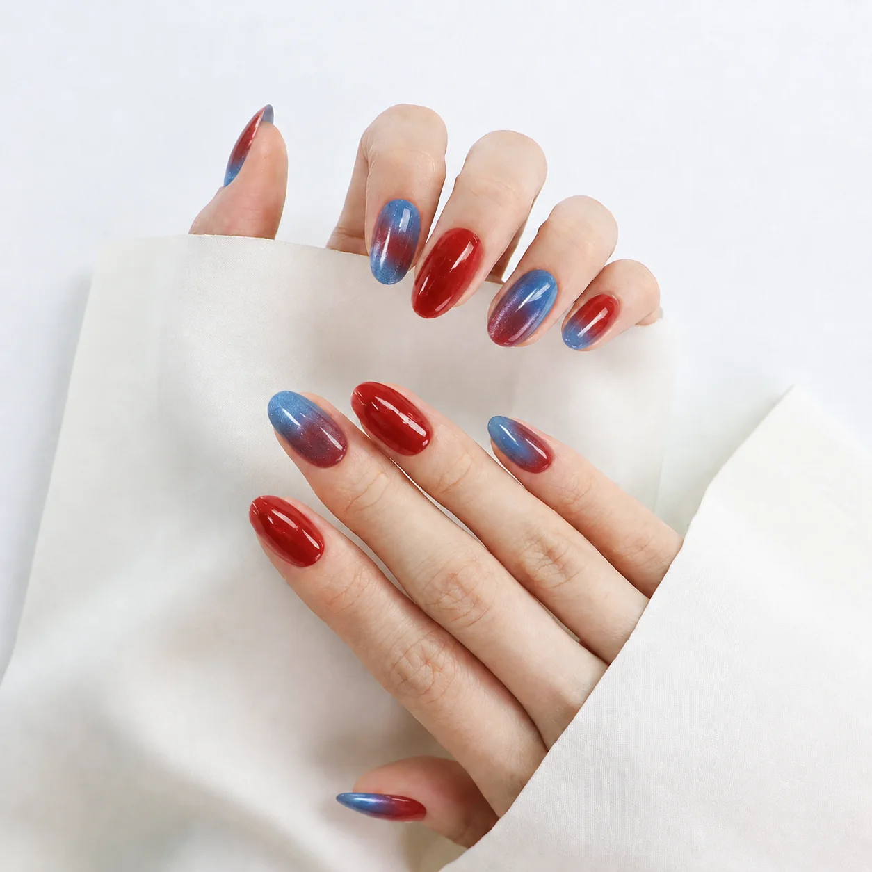 Cherry Blue Gradient Press On Nails Wear Effect