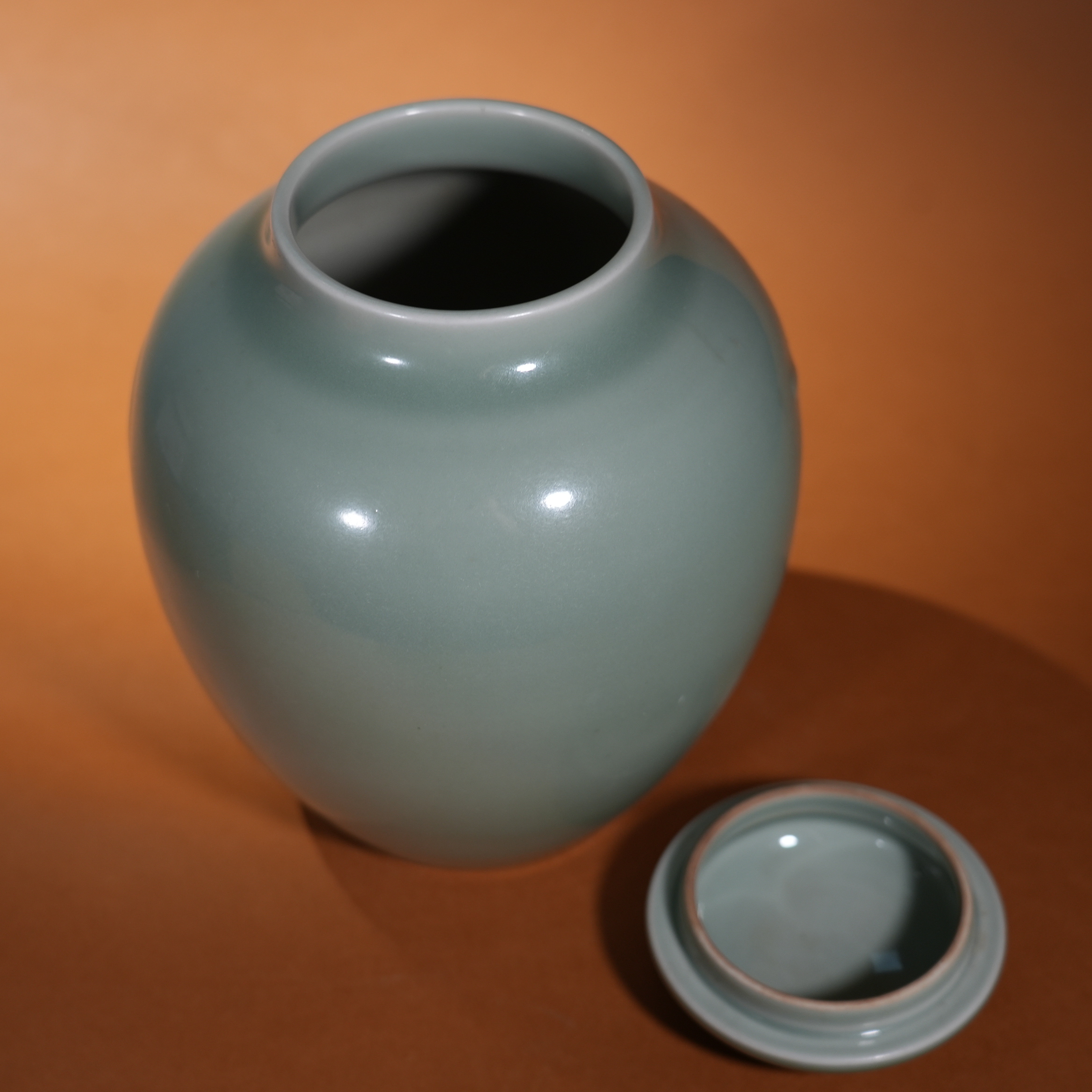 Ancient Chinese Bean Green Glaze Covered Jar with Crescent Moon Motif