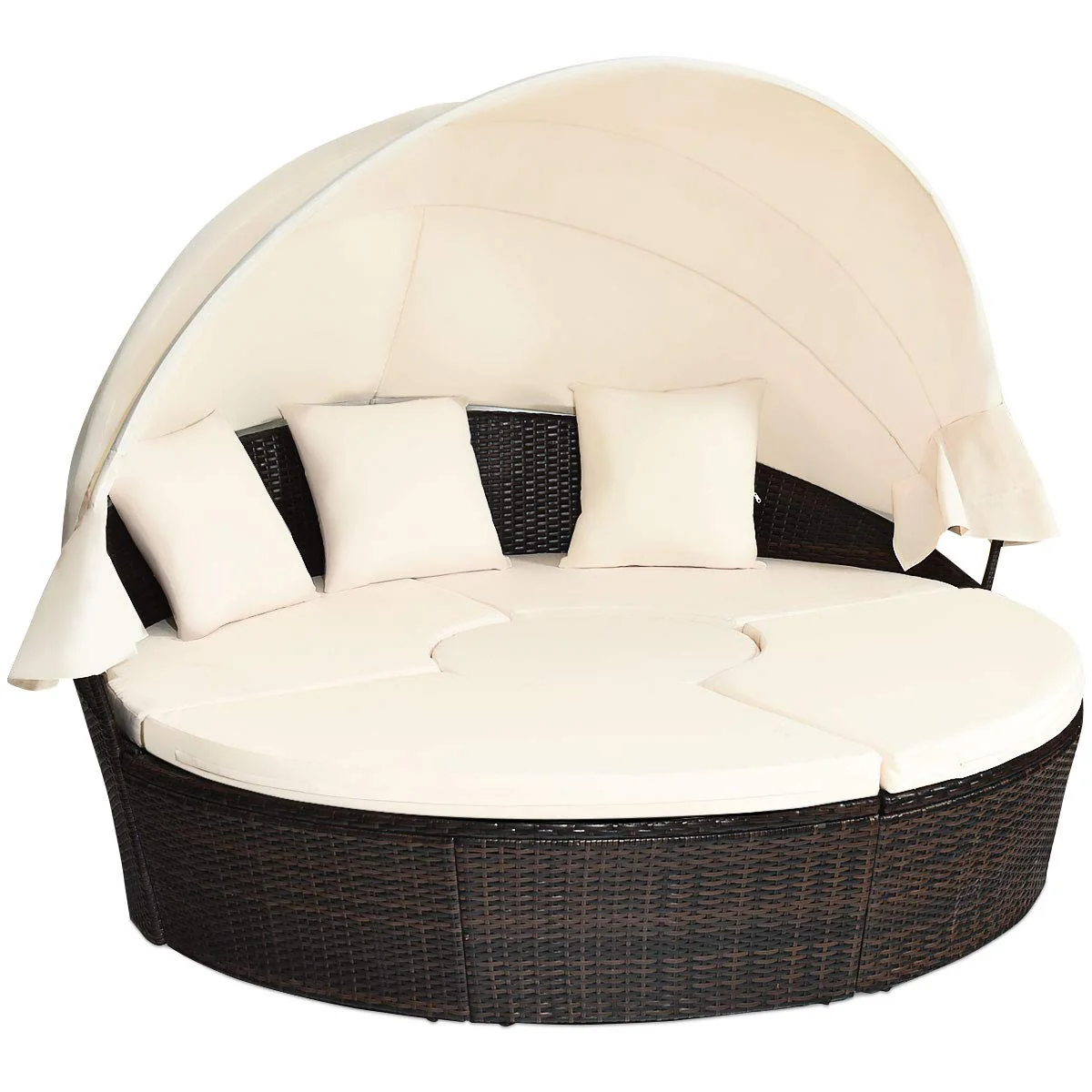 Tangkula Patio Round Daybed with Retractable Canopy. Outdoor Wicker Rattan Furniture Sets