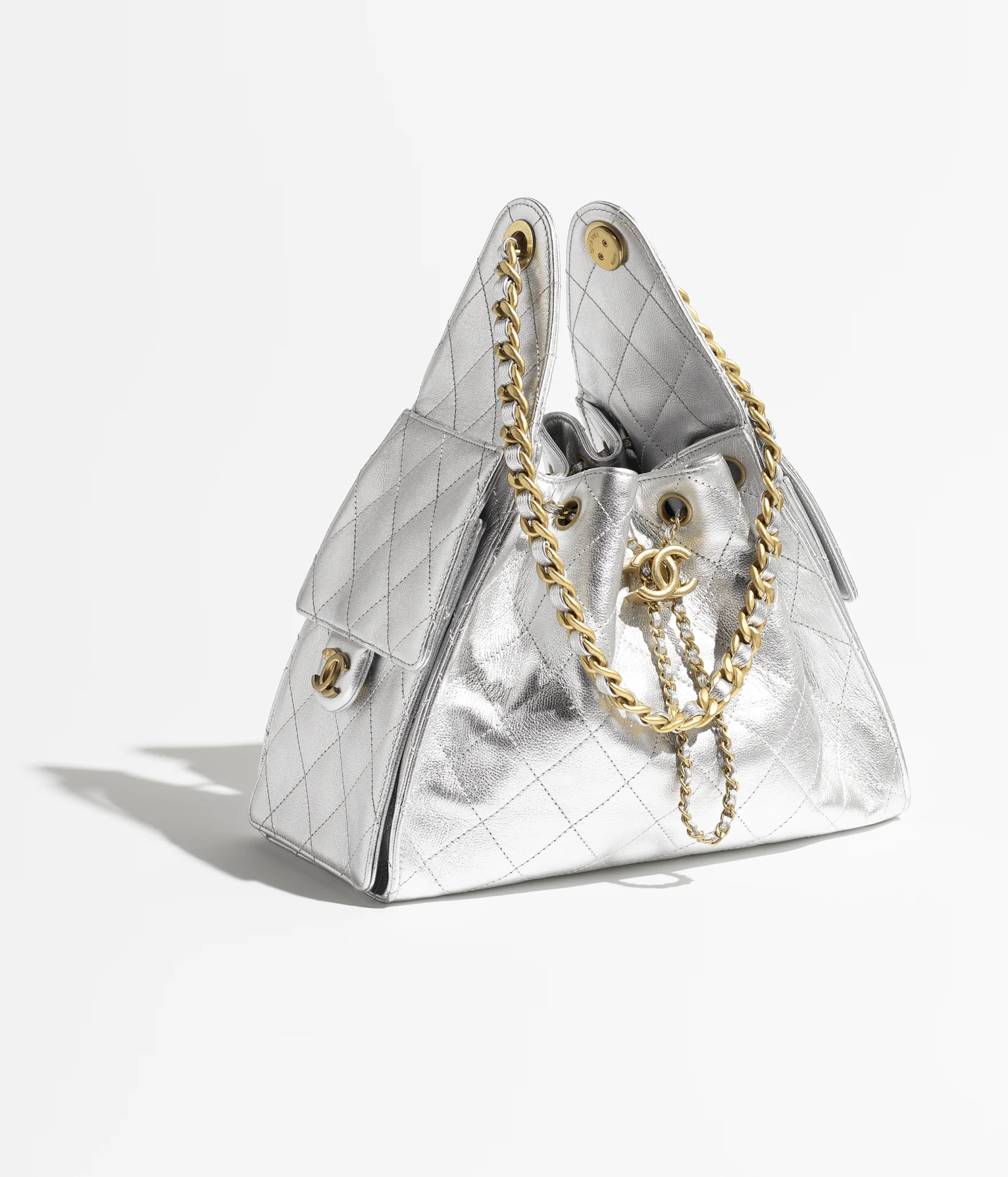 CHANEL 25 Small Handbag Metallic Grained Calfskin & Gold-Tone Metal Silvery
