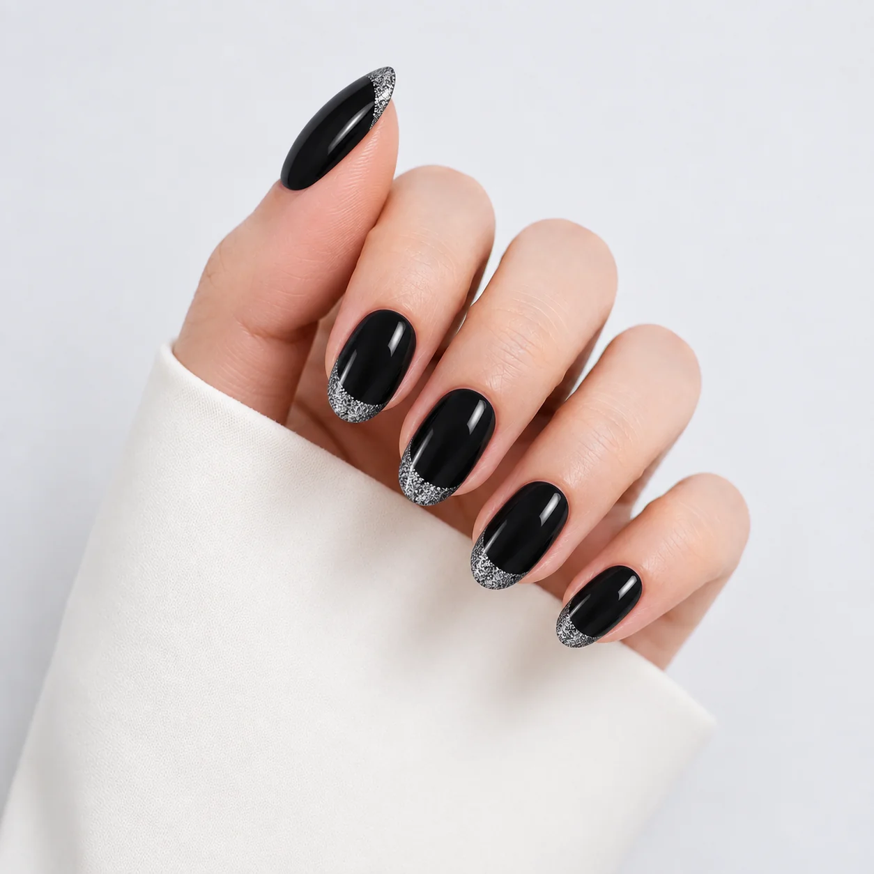 Glossy Black Press On Nails Worn on Hand