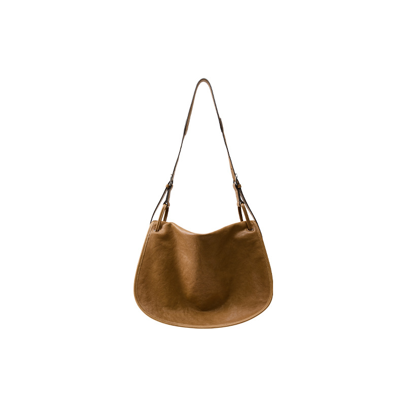 Curved Leather Hobo Bag – Adjustable Shoulder Purse in Camel Brown