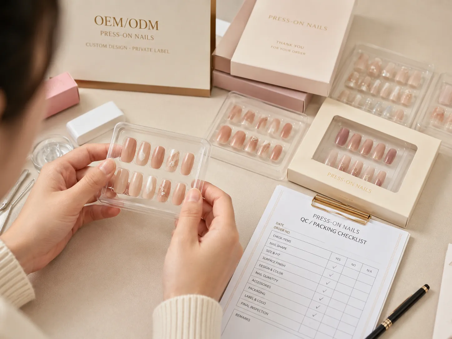 Private label press on nails packaging and final quality inspection