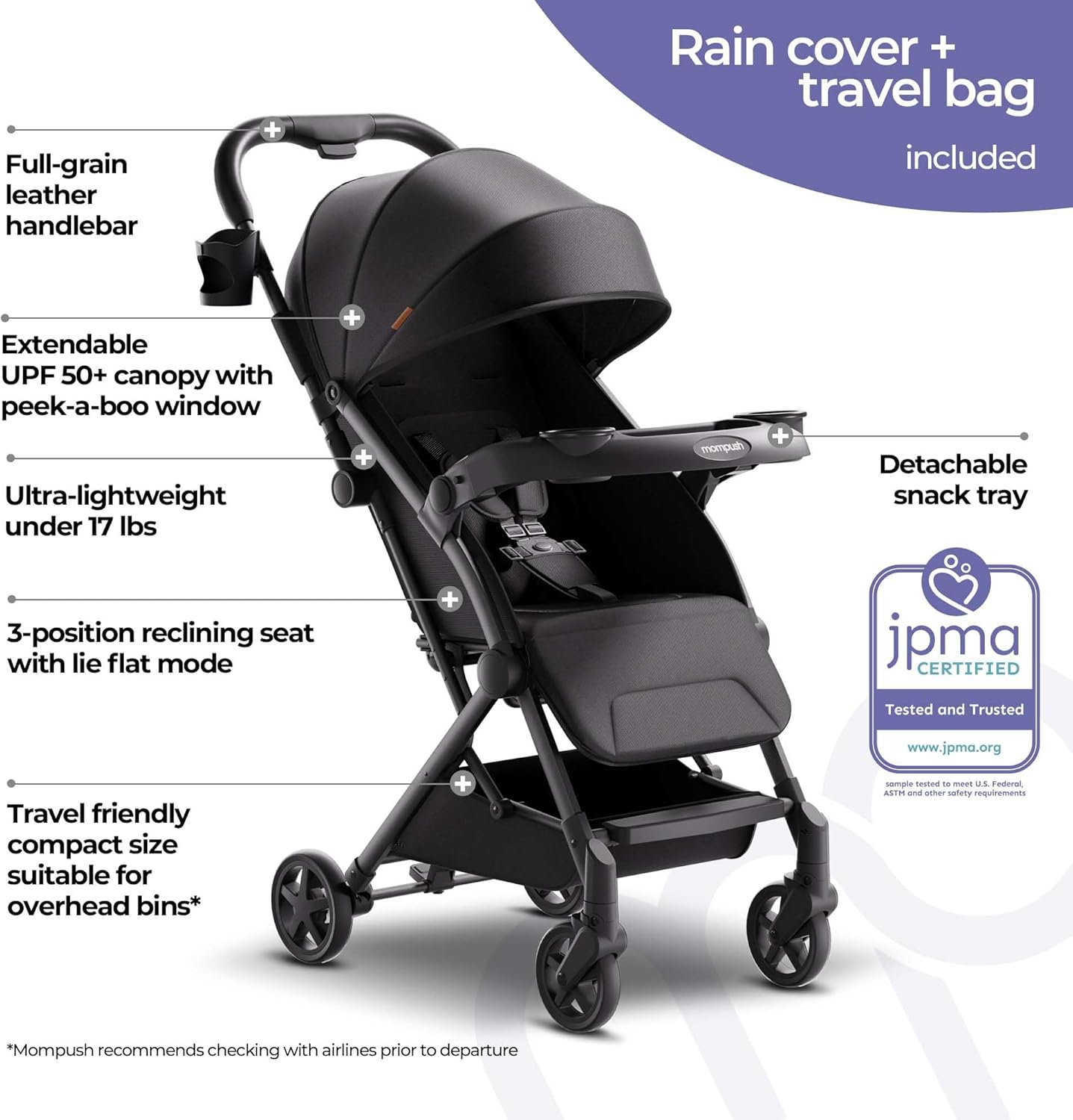 Mompush Lithe V2 Lightweight Stroller + Snack Tray. Ultra-Compact Fold & Airplane Ready Travel Stroller. Near Flat Recline Seat. Cup Holder. Raincover & Travelbag Included