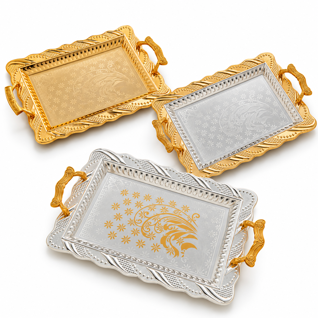 Vintage Floral Engraved Serving Tray with Decorative Handles, Luxury Rectangular Ornate Platter, Gold & Silver Table Tray for Ramadan Eid Coffee Dates Dessert Wedding Decor