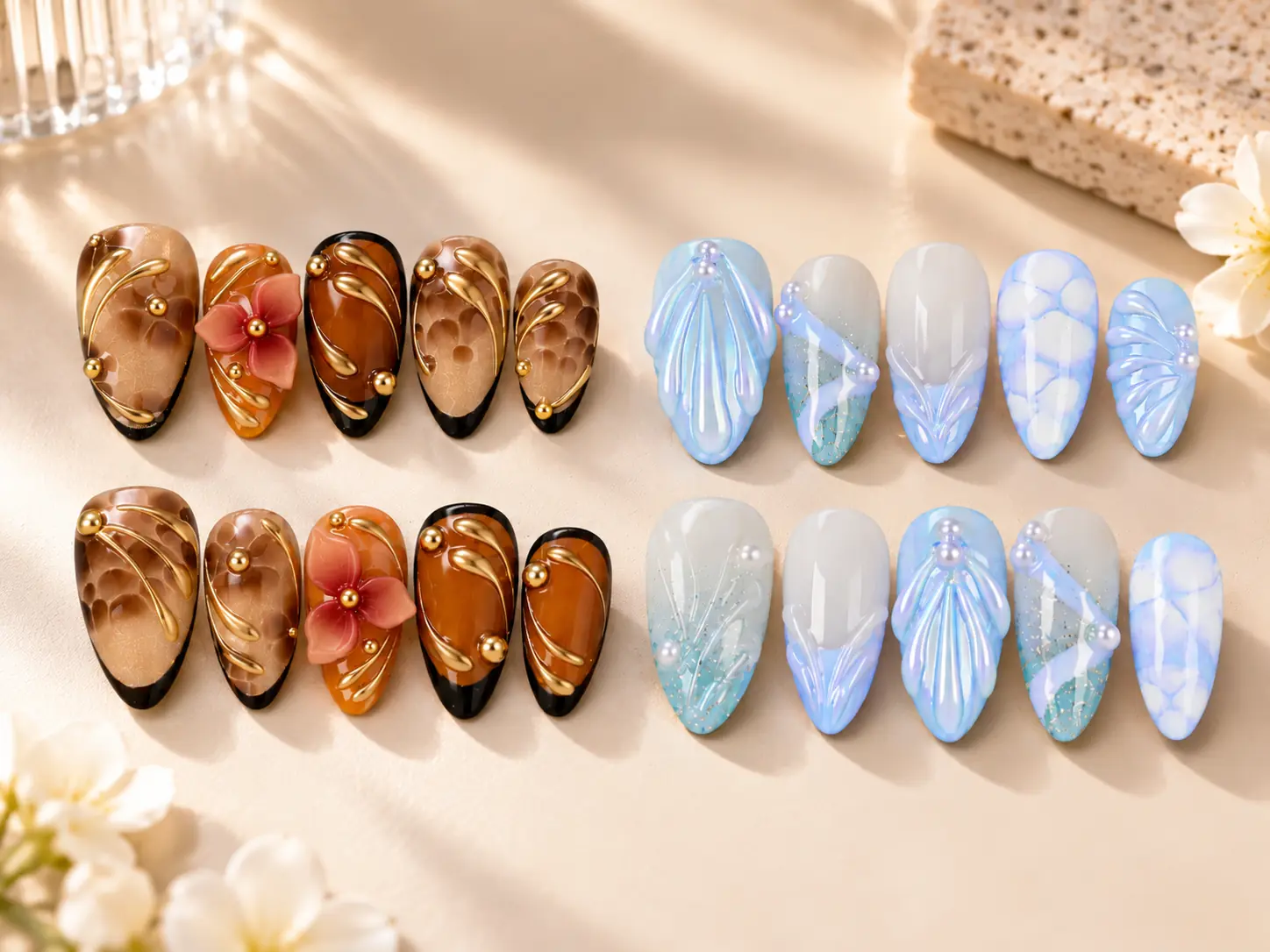 Two press-on nail design sets with brown and gold floral nail art and blue pearlescent 3D details