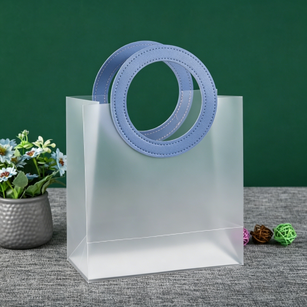 PU Leather & PP Frosted Transparent Handheld Gift Bag, Custom Souvenir Plastic Tote Bag, In Stock Wholesale For Wedding, Party And Daily Gift Packaging