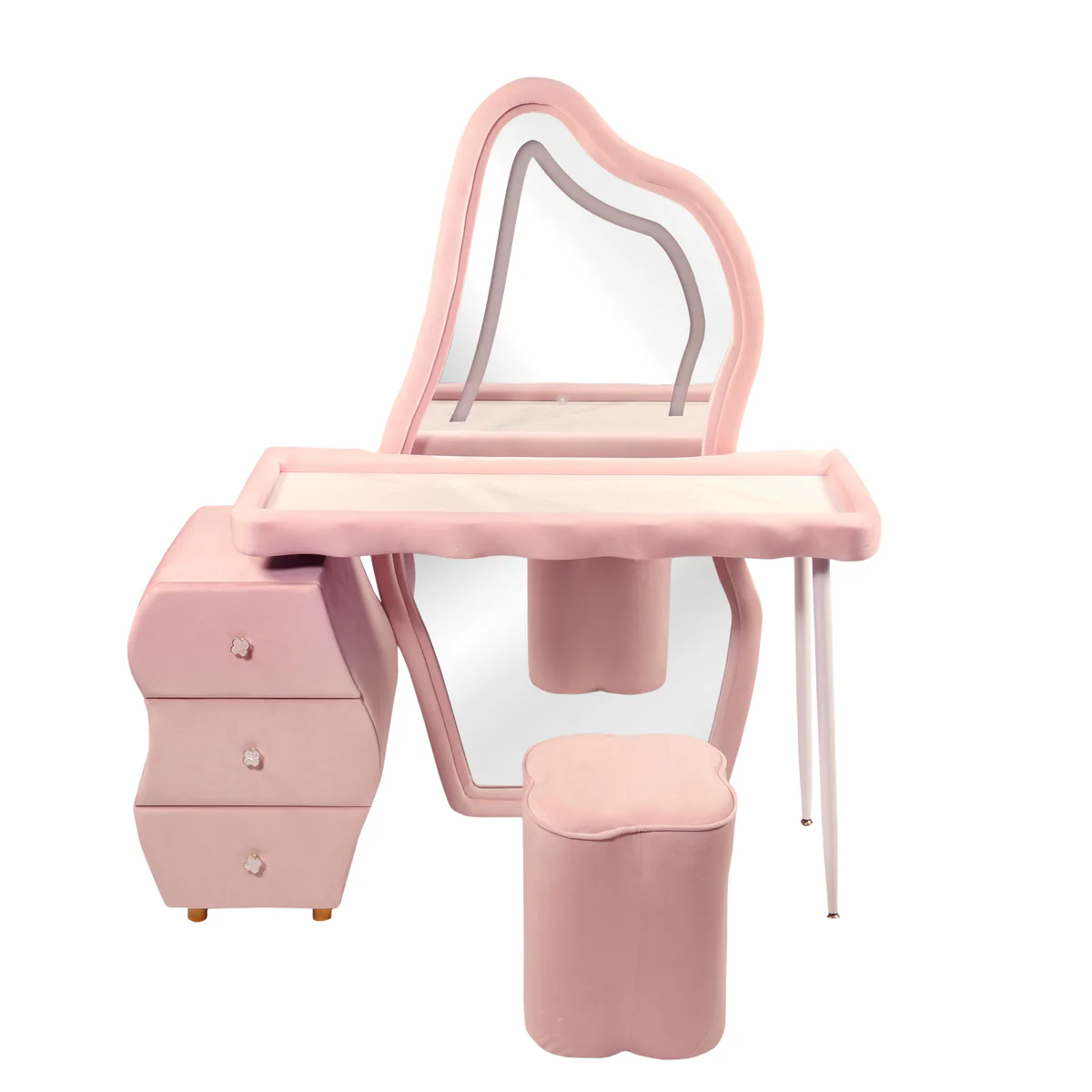 Flamingo Dressing Table with Lighted Mirror. Vanity Set with 3 Drawers and Cushioned Stool. Pink Modern Vanity Table Bedroom Furniture Dresser - Pink